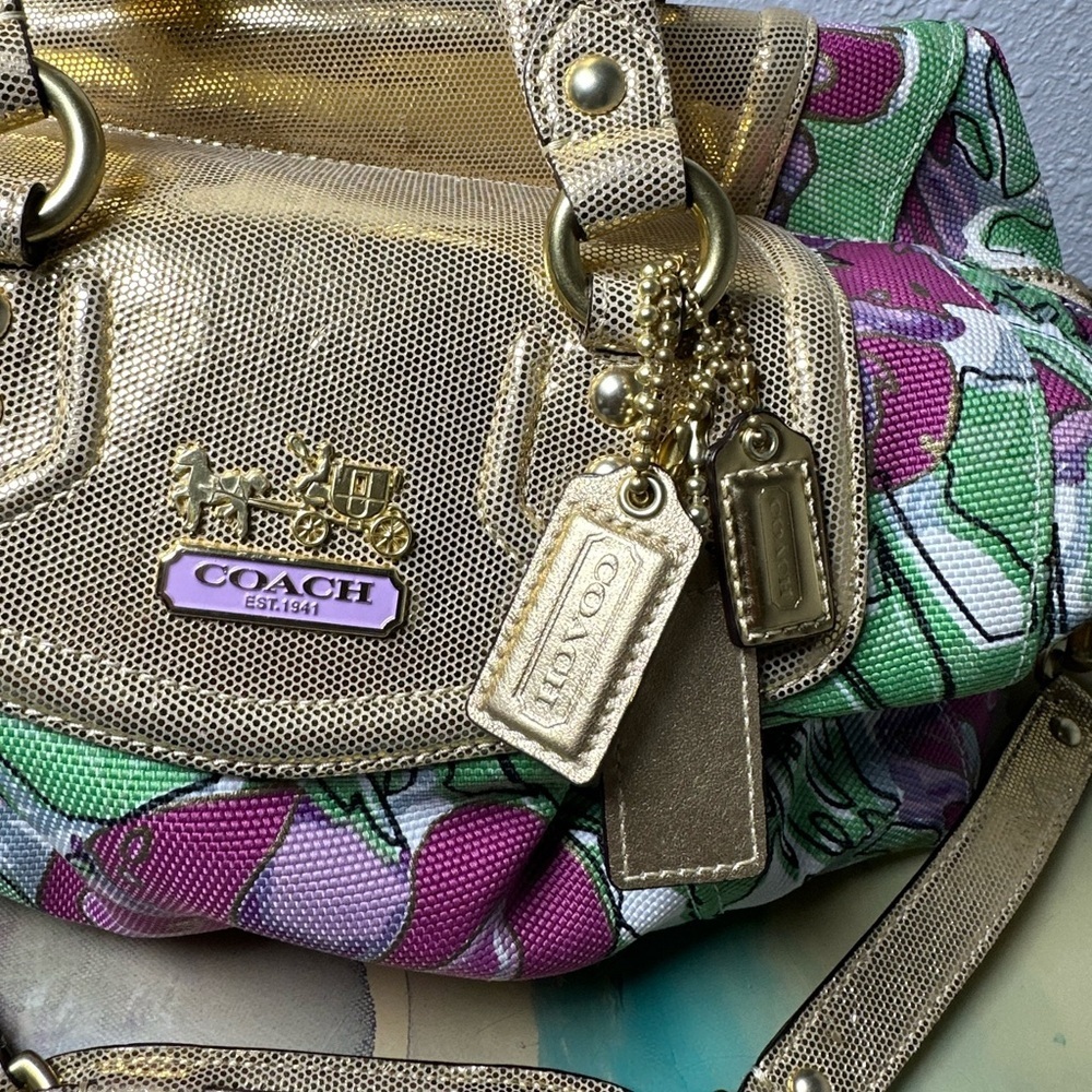 Vintage Coach Poppy Satchel Bag Multicolor Floral Gold Metallic Trim 14589 - Picture 3 of 13